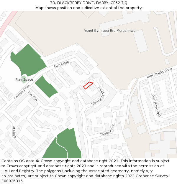 73, BLACKBERRY DRIVE, BARRY, CF62 7JQ: Location map and indicative extent of plot