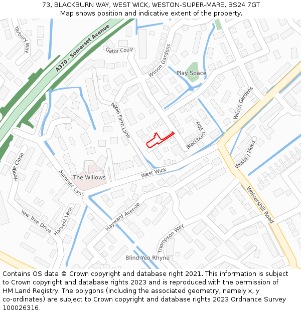 73, BLACKBURN WAY, WEST WICK, WESTON-SUPER-MARE, BS24 7GT: Location map and indicative extent of plot