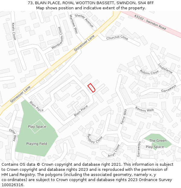 73, BLAIN PLACE, ROYAL WOOTTON BASSETT, SWINDON, SN4 8FF: Location map and indicative extent of plot