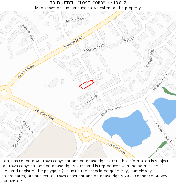 73, BLUEBELL CLOSE, CORBY, NN18 8LZ: Location map and indicative extent of plot