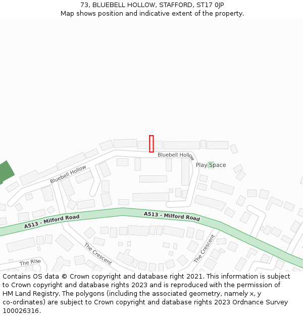 73, BLUEBELL HOLLOW, STAFFORD, ST17 0JP: Location map and indicative extent of plot