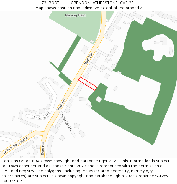 73, BOOT HILL, GRENDON, ATHERSTONE, CV9 2EL: Location map and indicative extent of plot