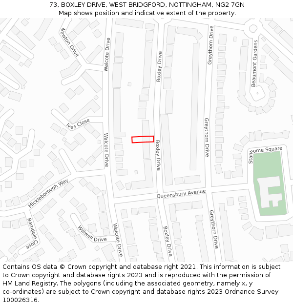 73, BOXLEY DRIVE, WEST BRIDGFORD, NOTTINGHAM, NG2 7GN: Location map and indicative extent of plot