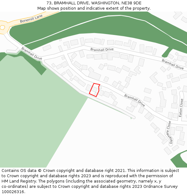 73, BRAMHALL DRIVE, WASHINGTON, NE38 9DE: Location map and indicative extent of plot