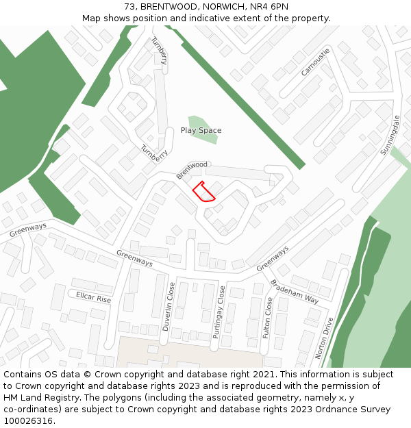 73, BRENTWOOD, NORWICH, NR4 6PN: Location map and indicative extent of plot