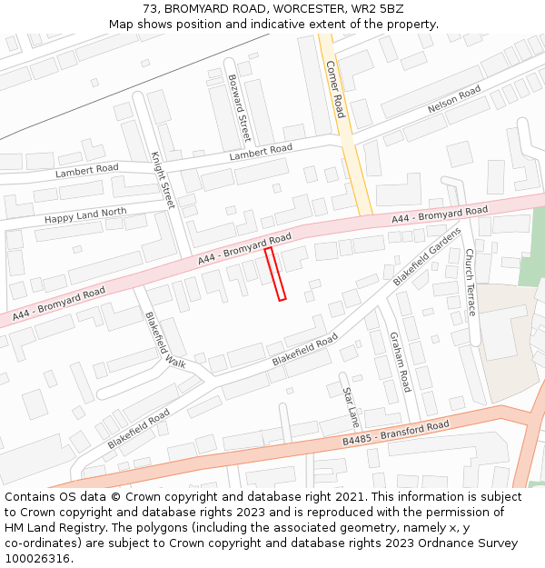 73, BROMYARD ROAD, WORCESTER, WR2 5BZ: Location map and indicative extent of plot