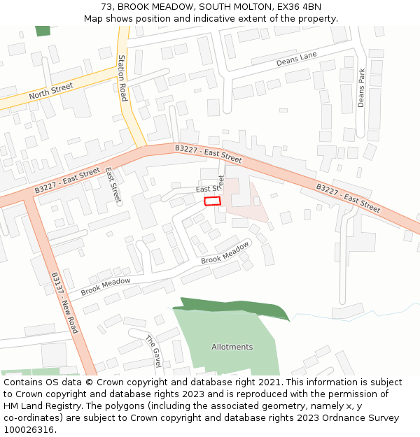 73, BROOK MEADOW, SOUTH MOLTON, EX36 4BN: Location map and indicative extent of plot