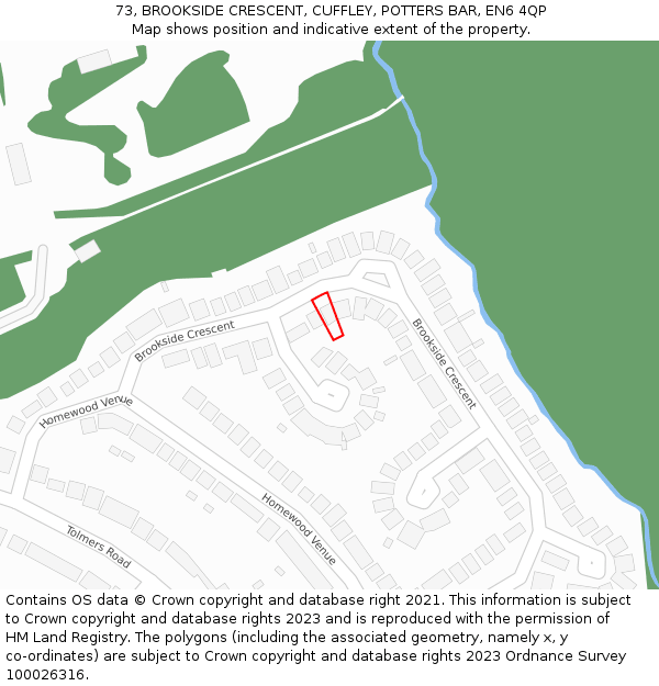 73, BROOKSIDE CRESCENT, CUFFLEY, POTTERS BAR, EN6 4QP: Location map and indicative extent of plot