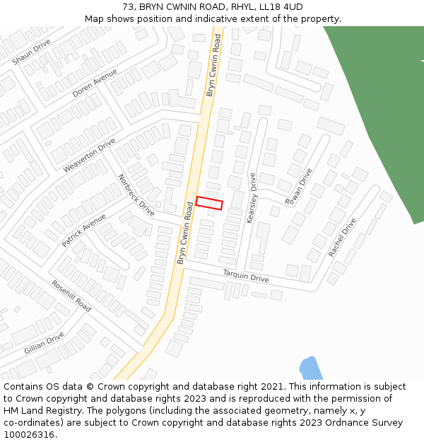 73, BRYN CWNIN ROAD, RHYL, LL18 4UD: Location map and indicative extent of plot