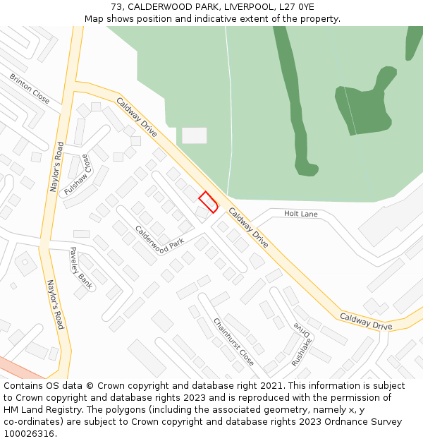 73, CALDERWOOD PARK, LIVERPOOL, L27 0YE: Location map and indicative extent of plot