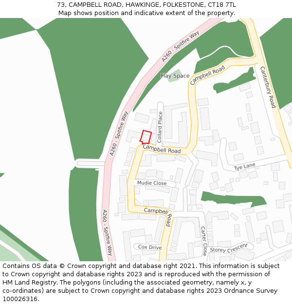 73, CAMPBELL ROAD, HAWKINGE, FOLKESTONE, CT18 7TL: Location map and indicative extent of plot