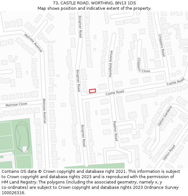 73, CASTLE ROAD, WORTHING, BN13 1DS: Location map and indicative extent of plot