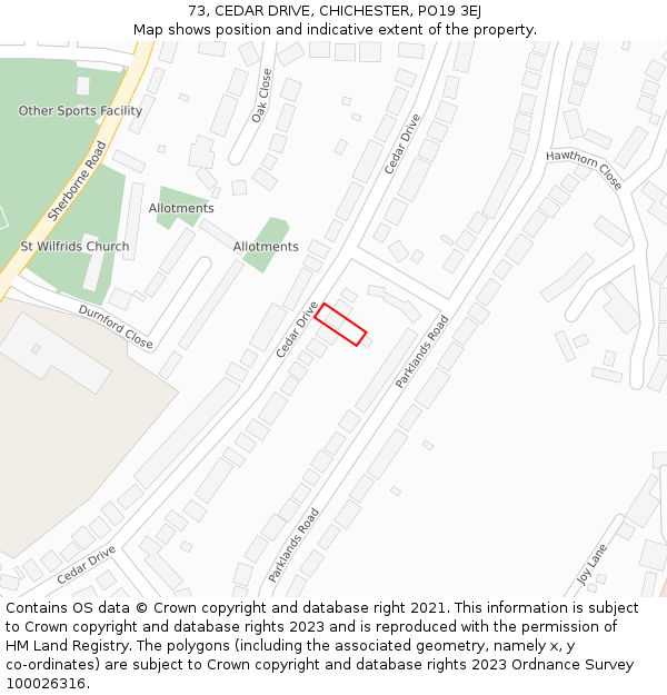 73, CEDAR DRIVE, CHICHESTER, PO19 3EJ: Location map and indicative extent of plot