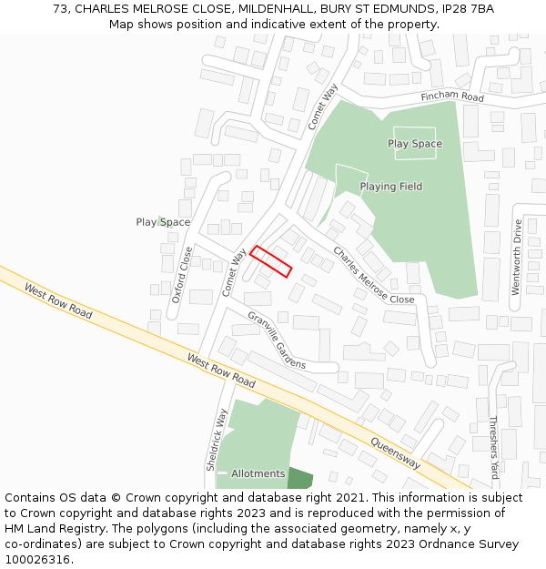 73, CHARLES MELROSE CLOSE, MILDENHALL, BURY ST EDMUNDS, IP28 7BA: Location map and indicative extent of plot