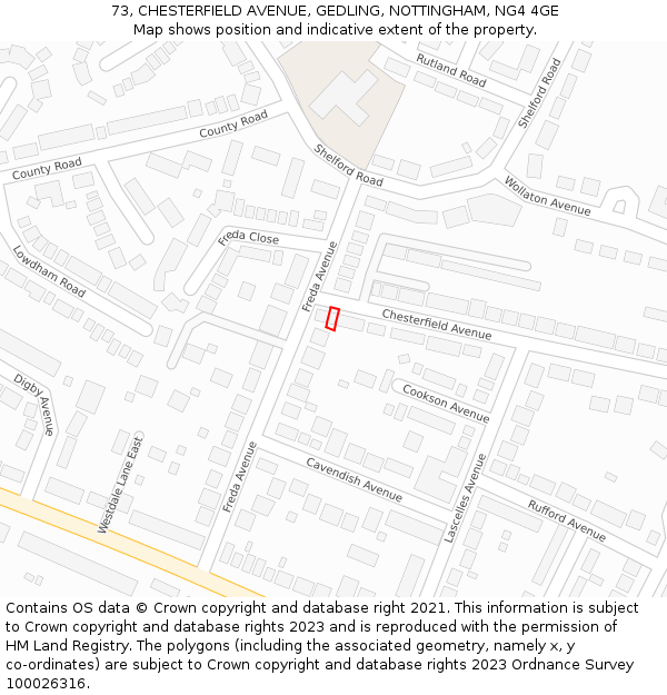 73, CHESTERFIELD AVENUE, GEDLING, NOTTINGHAM, NG4 4GE: Location map and indicative extent of plot