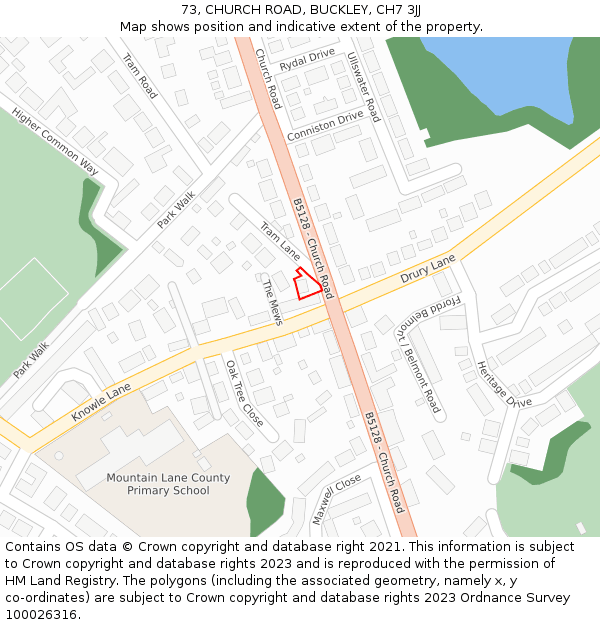 73, CHURCH ROAD, BUCKLEY, CH7 3JJ: Location map and indicative extent of plot