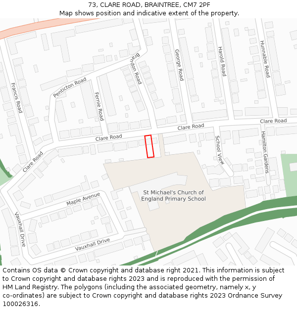 73, CLARE ROAD, BRAINTREE, CM7 2PF: Location map and indicative extent of plot