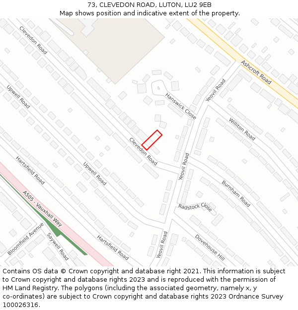 73, CLEVEDON ROAD, LUTON, LU2 9EB: Location map and indicative extent of plot