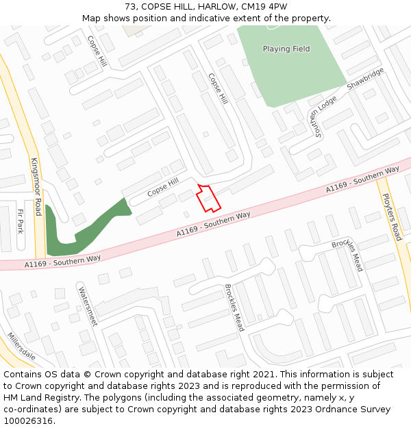 73, COPSE HILL, HARLOW, CM19 4PW: Location map and indicative extent of plot