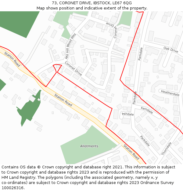 73, CORONET DRIVE, IBSTOCK, LE67 6QG: Location map and indicative extent of plot