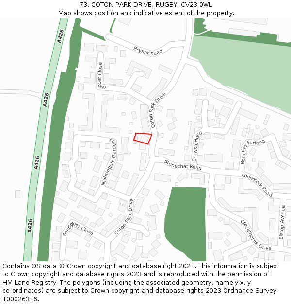 73, COTON PARK DRIVE, RUGBY, CV23 0WL: Location map and indicative extent of plot