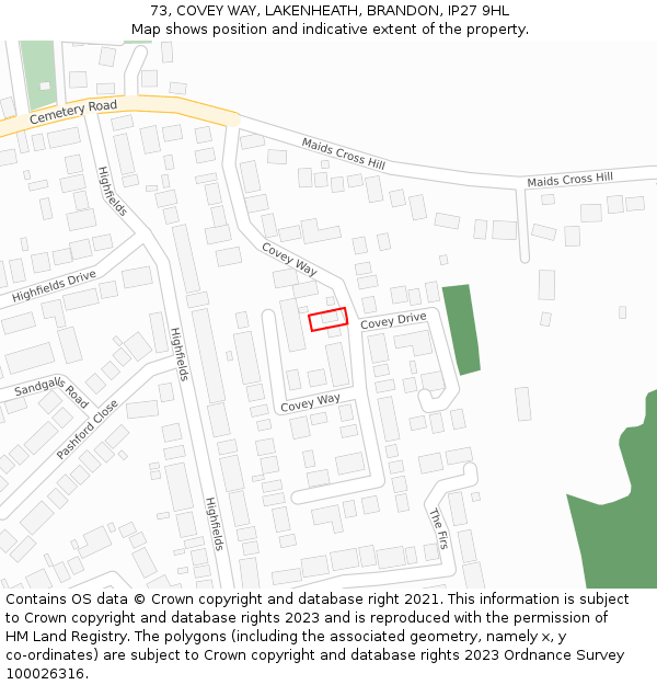 73, COVEY WAY, LAKENHEATH, BRANDON, IP27 9HL: Location map and indicative extent of plot