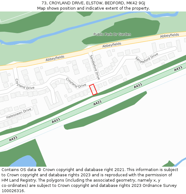 73, CROYLAND DRIVE, ELSTOW, BEDFORD, MK42 9GJ: Location map and indicative extent of plot