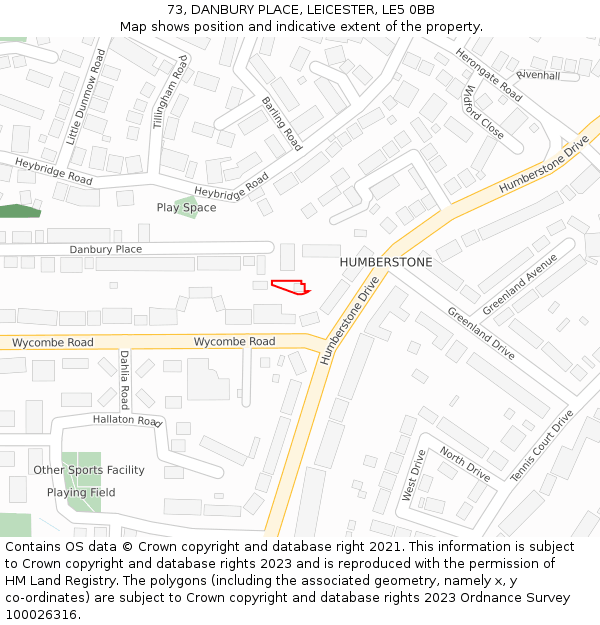 73, DANBURY PLACE, LEICESTER, LE5 0BB: Location map and indicative extent of plot