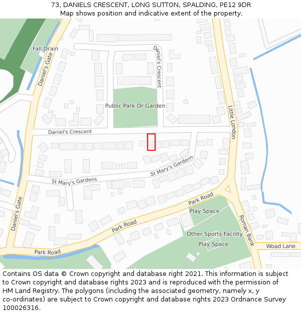 73, DANIELS CRESCENT, LONG SUTTON, SPALDING, PE12 9DR: Location map and indicative extent of plot