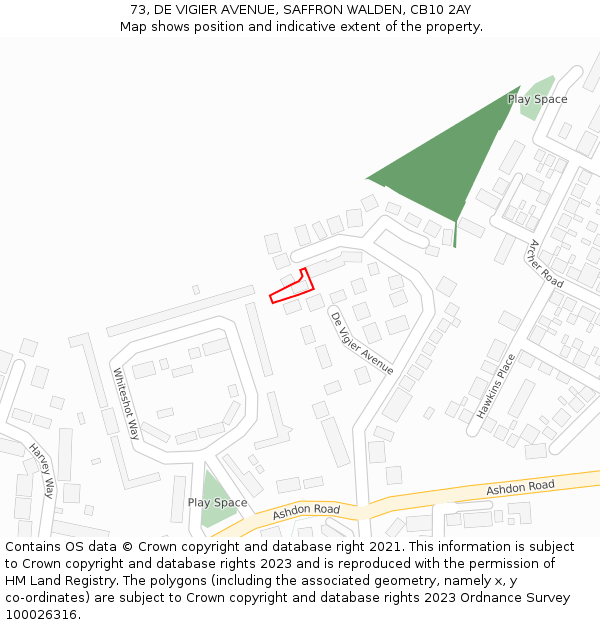 73, DE VIGIER AVENUE, SAFFRON WALDEN, CB10 2AY: Location map and indicative extent of plot