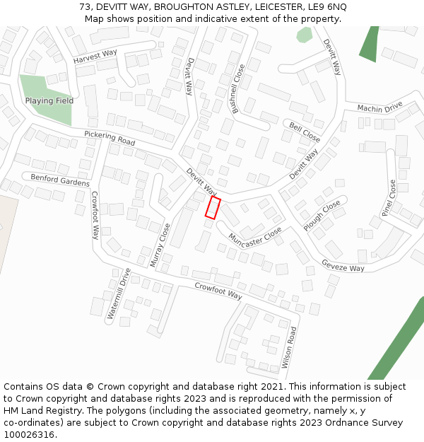 73, DEVITT WAY, BROUGHTON ASTLEY, LEICESTER, LE9 6NQ: Location map and indicative extent of plot