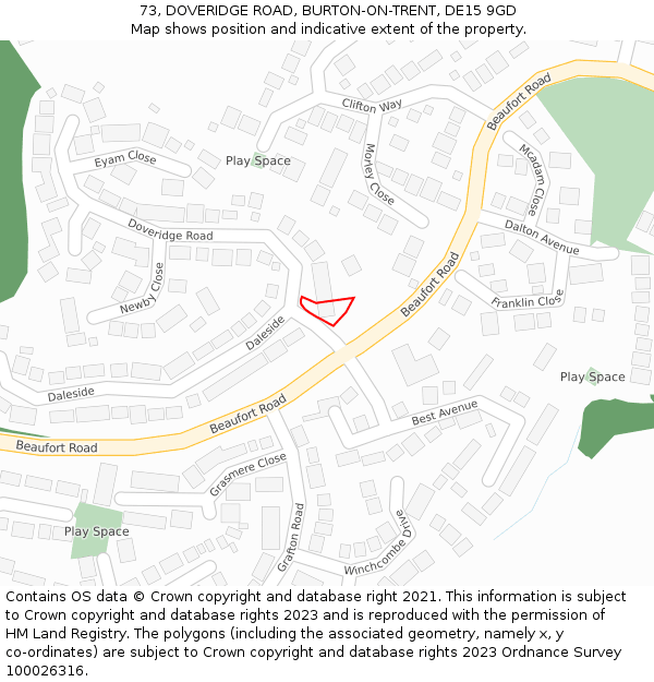 73, DOVERIDGE ROAD, BURTON-ON-TRENT, DE15 9GD: Location map and indicative extent of plot