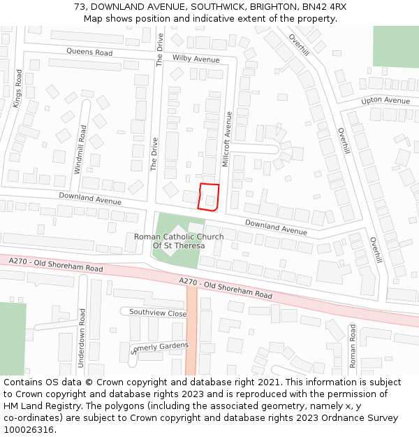 73, DOWNLAND AVENUE, SOUTHWICK, BRIGHTON, BN42 4RX: Location map and indicative extent of plot