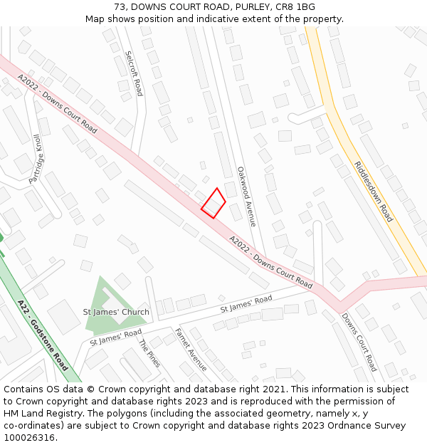 73, DOWNS COURT ROAD, PURLEY, CR8 1BG: Location map and indicative extent of plot