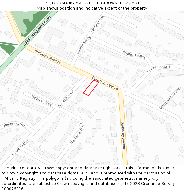 73, DUDSBURY AVENUE, FERNDOWN, BH22 8DT: Location map and indicative extent of plot