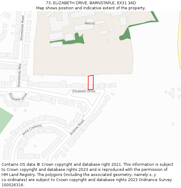 73, ELIZABETH DRIVE, BARNSTAPLE, EX31 3AD: Location map and indicative extent of plot