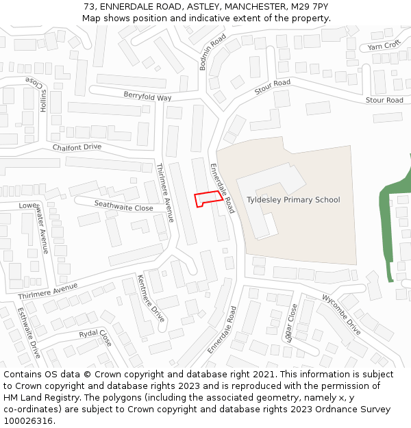 73, ENNERDALE ROAD, ASTLEY, MANCHESTER, M29 7PY: Location map and indicative extent of plot