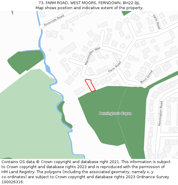 73, FARM ROAD, WEST MOORS, FERNDOWN, BH22 0JL: Location map and indicative extent of plot