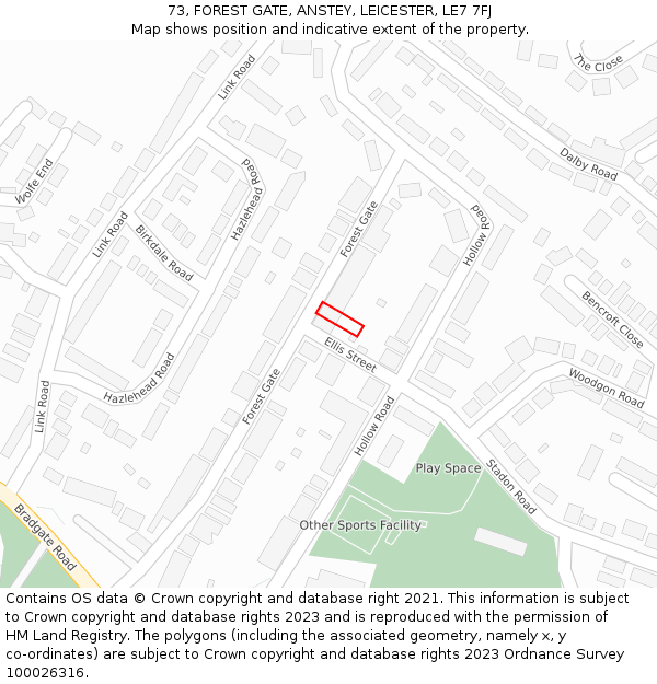 73, FOREST GATE, ANSTEY, LEICESTER, LE7 7FJ: Location map and indicative extent of plot