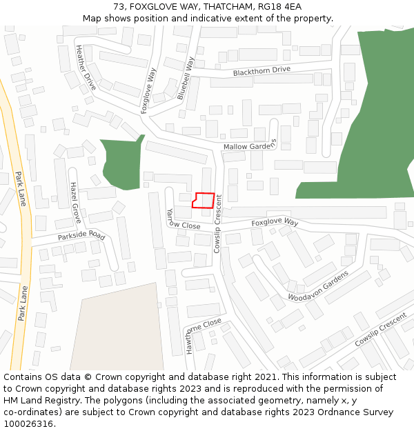 73, FOXGLOVE WAY, THATCHAM, RG18 4EA: Location map and indicative extent of plot