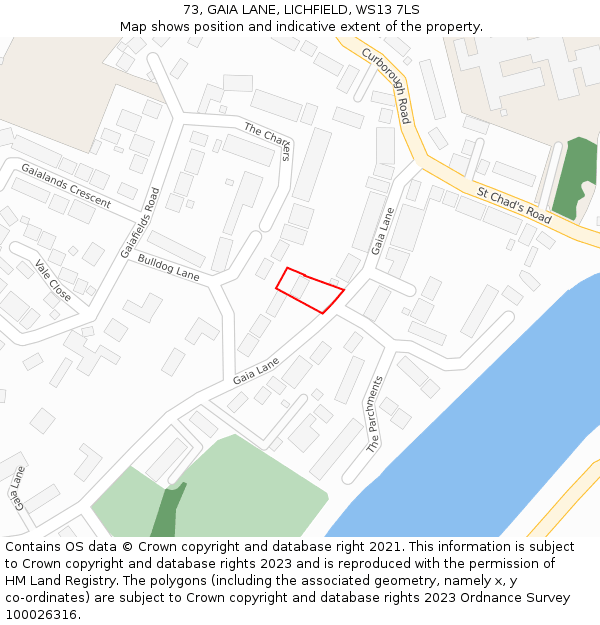 73, GAIA LANE, LICHFIELD, WS13 7LS: Location map and indicative extent of plot