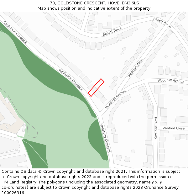 73, GOLDSTONE CRESCENT, HOVE, BN3 6LS: Location map and indicative extent of plot