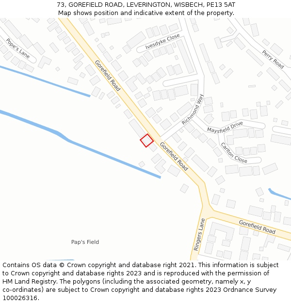 73, GOREFIELD ROAD, LEVERINGTON, WISBECH, PE13 5AT: Location map and indicative extent of plot