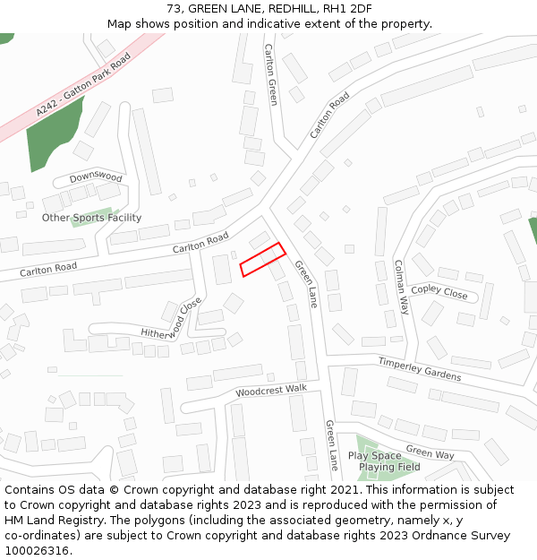 73, GREEN LANE, REDHILL, RH1 2DF: Location map and indicative extent of plot