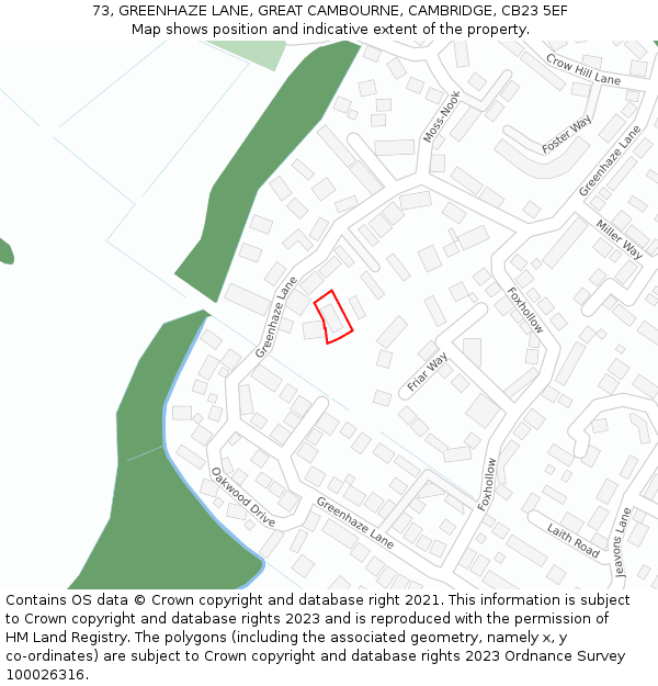 73, GREENHAZE LANE, GREAT CAMBOURNE, CAMBRIDGE, CB23 5EF: Location map and indicative extent of plot