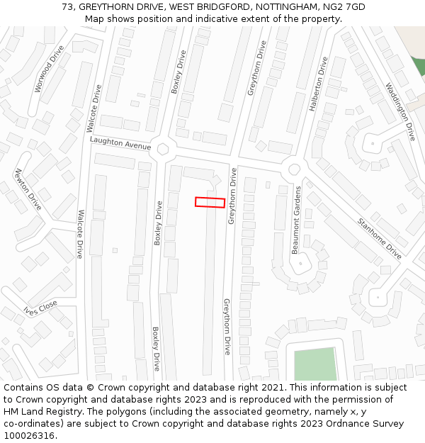 73, GREYTHORN DRIVE, WEST BRIDGFORD, NOTTINGHAM, NG2 7GD: Location map and indicative extent of plot