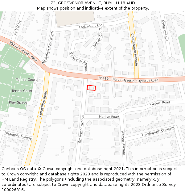 73, GROSVENOR AVENUE, RHYL, LL18 4HD: Location map and indicative extent of plot