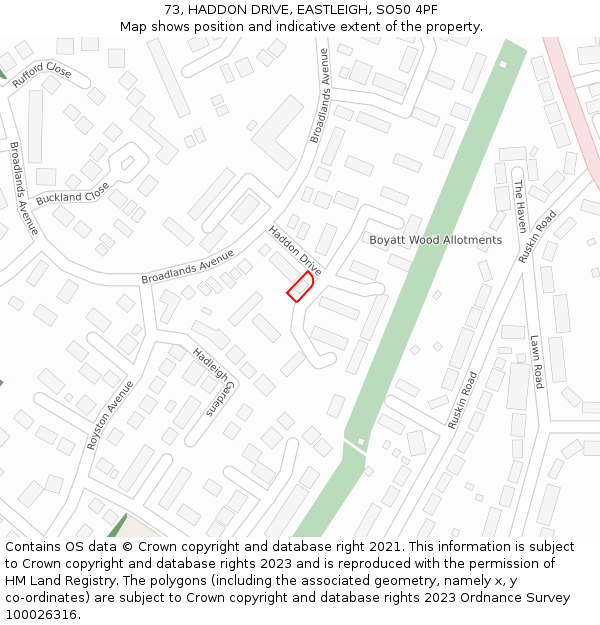 73, HADDON DRIVE, EASTLEIGH, SO50 4PF: Location map and indicative extent of plot