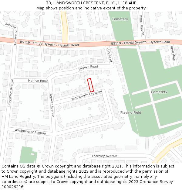 73, HANDSWORTH CRESCENT, RHYL, LL18 4HP: Location map and indicative extent of plot