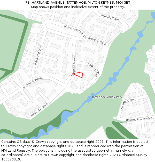 73, HARTLAND AVENUE, TATTENHOE, MILTON KEYNES, MK4 3BT: Location map and indicative extent of plot